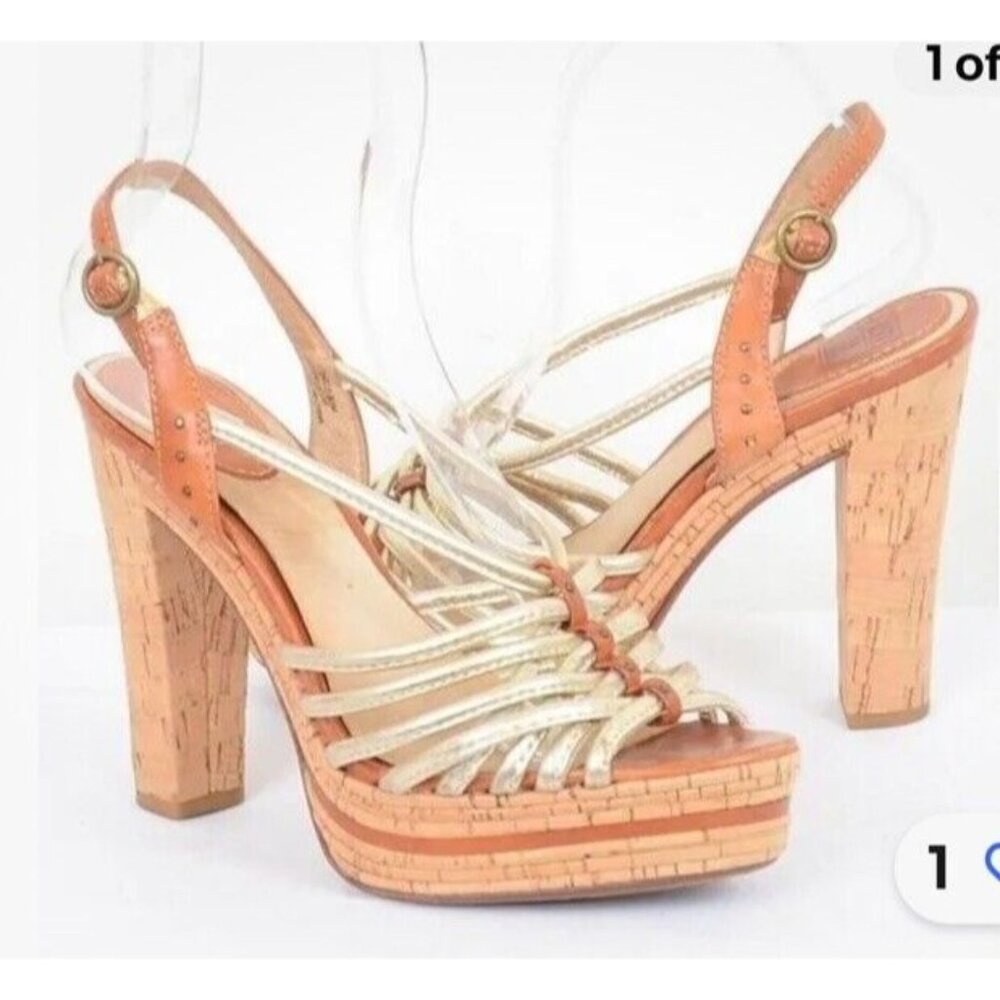 FRYE Lena Retro 70s Strappy Leather Chunky Cork Heel Slingback Shoes Heels 7.5